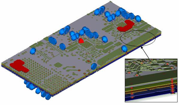 図3： 集中定数素子とディスクリートポートを定義した14層基板のCST MWSモデル
