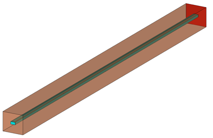 図1：シリカブロックの内部にケイ素導波路を通した増幅器モデル。<br/>端の赤い四角形はウェイブガイドポートを表す。