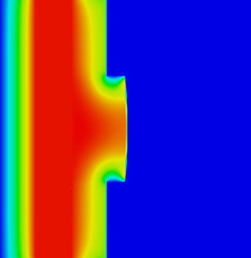メニスカス周辺の電位分布。右図：引き出し電圧30kV