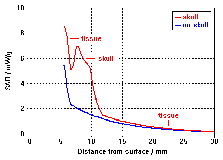 図5：ベーシックモデル（青）と不均質モデル（赤）のSAR：1.95 GHz