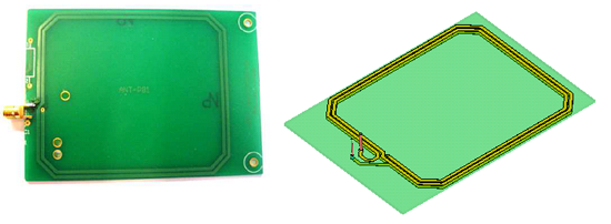図 1：RFIDタグの実機（左）と3Dシミュレーションモデル（右）。ピンプローブ部分もモデル化しています。