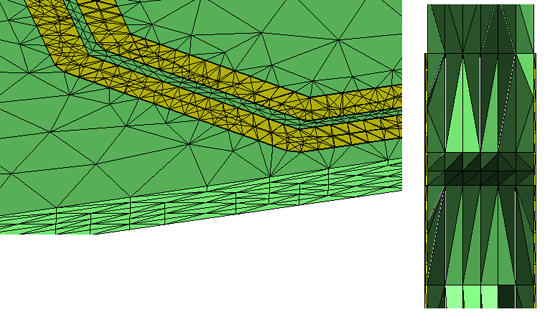 図4：CST MW STUDIO周波数領域ソルバーの四面体メッシュの詳細（左）とサーフェスメッシュ（右）。<br />サーフェスメッシュは4トレースの断面を表示。