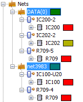 図 2：DATA(0)とnet3983を示したナビゲーションツリーの一部。<br />DATA(0)はIC100、IC202、R709を、net3983はIC100とR709を接続している