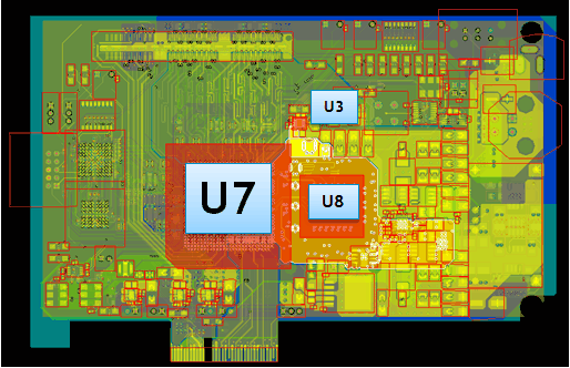 <p>図1：1.8V電源プレーン（白枠）と接続された部品、U3（電源）、U7およびU8（I/O）</p>