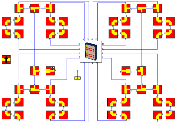 <p>図3: 給電回路の回路図。アレイモデルの赤丸はディスクリートポートを表す。</p>